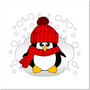 Christmas Penguin with Red Hat and Scarf Posters and Art